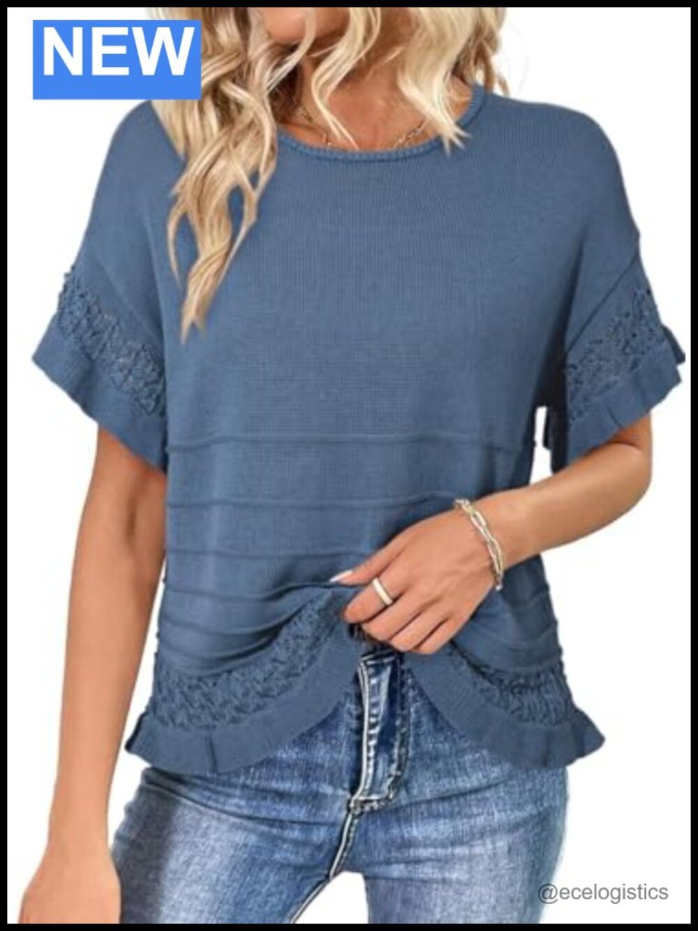 Short Sleeve Knit Pullover Sweater with Ruffle Hem Crochet Blouse